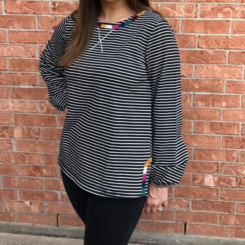 Black and White Striped Top w/ Multicolored Detail